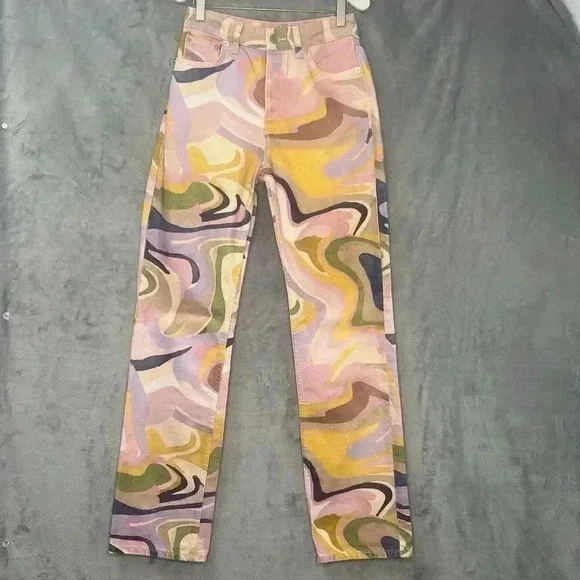 Zara Multicolor Denim Straight Jeans with Psychedelic Abstract Swirl print Sz 2 - Picture 3 of 13